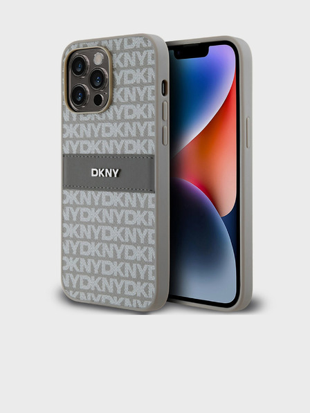 DKNY PU kožený zadný kryt s opakujúcim sa vzorom Tonal Stripe pre iPhone 14 Pro Beige DKNY