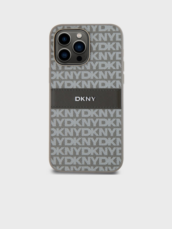 DKNY PU kožený zadný kryt s opakujúcim sa vzorom Tonal Stripe pre iPhone 14 Pro Beige DKNY