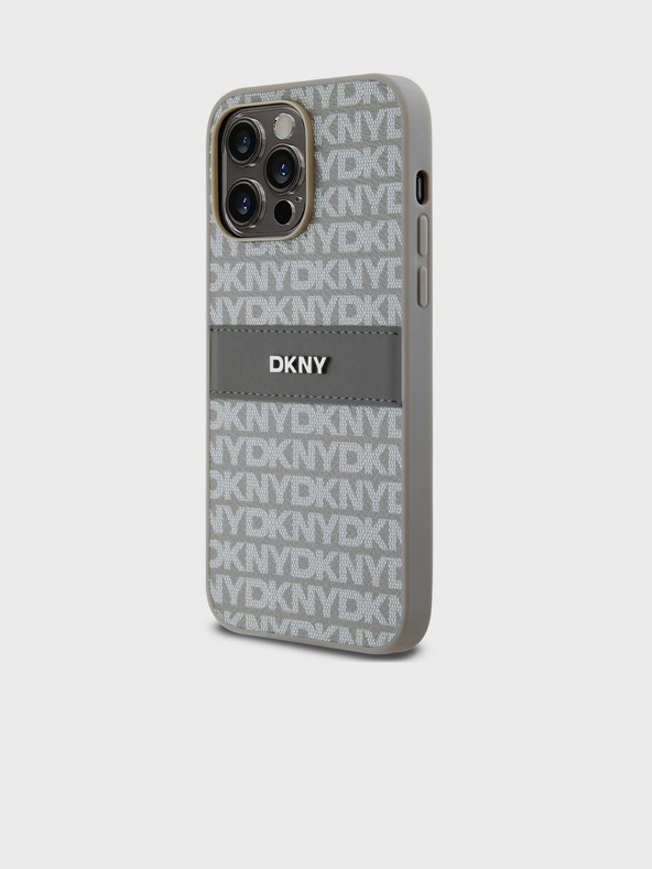 DKNY PU kožený zadný kryt s opakujúcim sa vzorom Tonal Stripe pre iPhone 14 Pro Beige DKNY