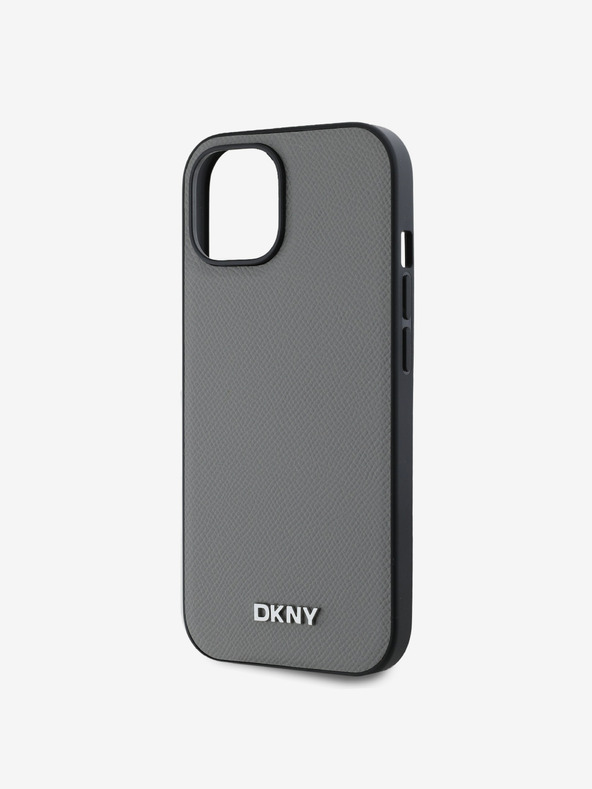 DKNY PU Kožený strieborný kovový zadný kryt s logom Magsafe pre iPhone 15 Grey DKNY