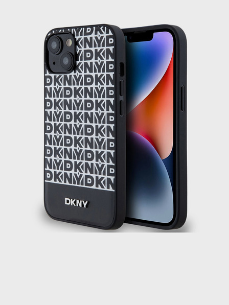 DKNY PU kožený zadný kryt Repeat Pattern Bottom Stripe MagSafe pre iPhone 13 Black DKNY