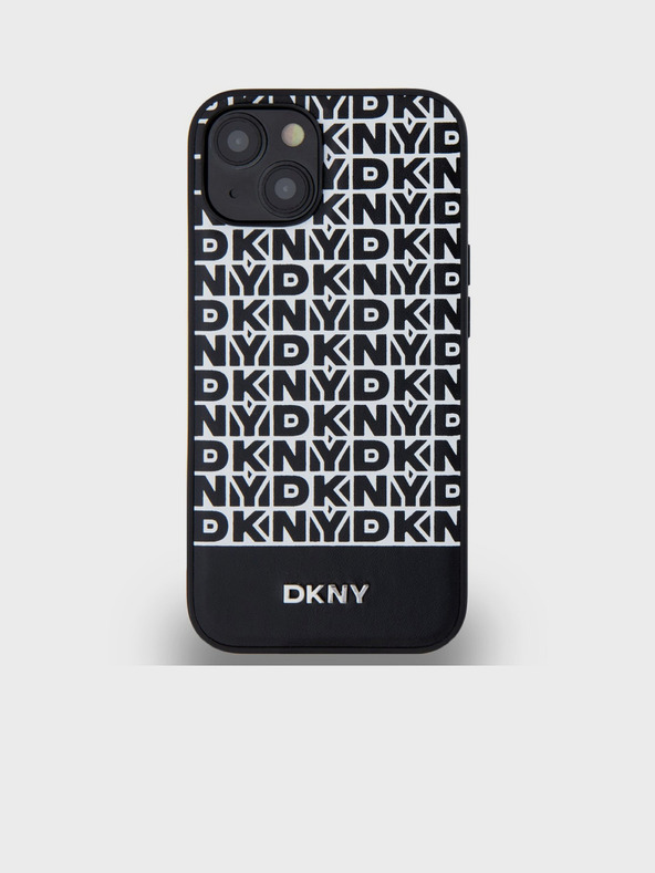 DKNY PU kožený zadný kryt Repeat Pattern Bottom Stripe MagSafe pre iPhone 13 Black DKNY