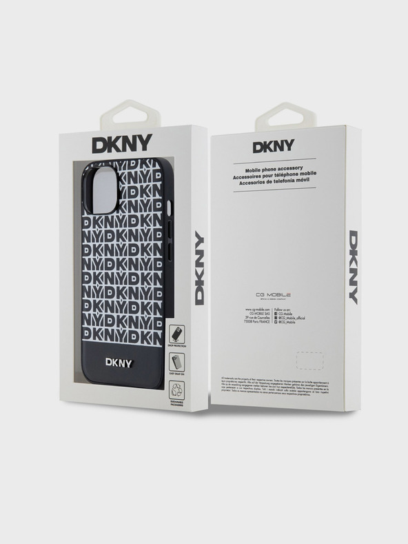 DKNY PU kožený zadný kryt Repeat Pattern Bottom Stripe MagSafe pre iPhone 13 Black DKNY