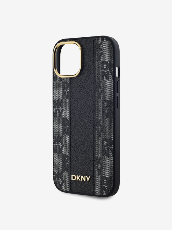 DKNY PU kožený károvaný zadný kryt so vzorom Magsafe pre iPhone 15 čierny DKNY