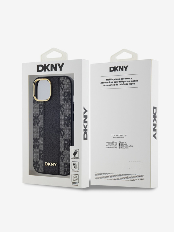 DKNY PU kožený károvaný zadný kryt so vzorom Magsafe pre iPhone 15 čierny DKNY