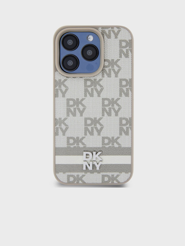 DKNY PU kožený zadný kryt so šachovnicovým vzorom a pruhmi pre iPhone 14 Pro Max Beige DKNY