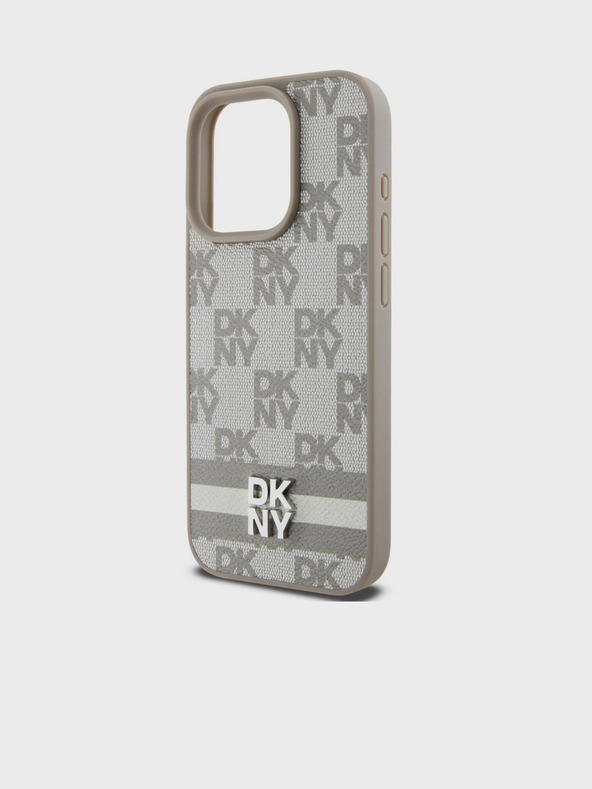 DKNY PU kožený zadný kryt so šachovnicovým vzorom a pruhmi pre iPhone 14 Pro Max Beige DKNY
