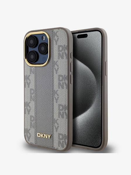 DKNY PU kožený károvaný zadný kryt Magsafe so vzorom pre iPhone 15 Pro béžový DKNY