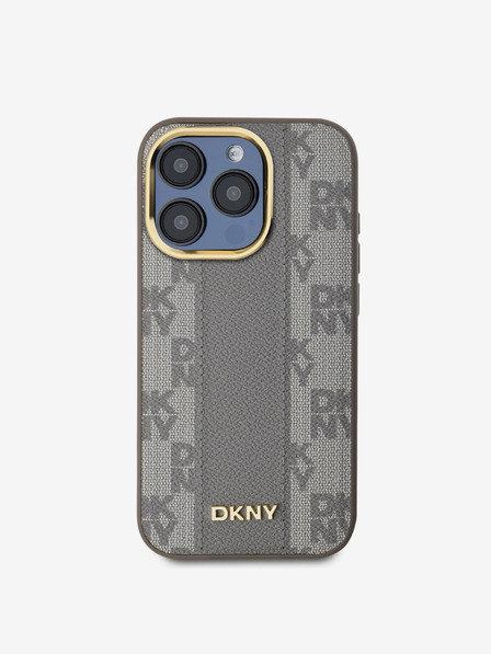 DKNY PU kožený károvaný zadný kryt Magsafe so vzorom pre iPhone 15 Pro béžový DKNY