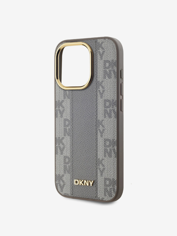 DKNY PU kožený károvaný zadný kryt Magsafe so vzorom pre iPhone 15 Pro béžový DKNY