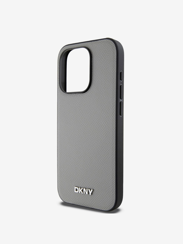 DKNY PU kožený strieborný kovový zadný kryt s logom Magsafe pre iPhone 15 Pro Max Grey DKNY
