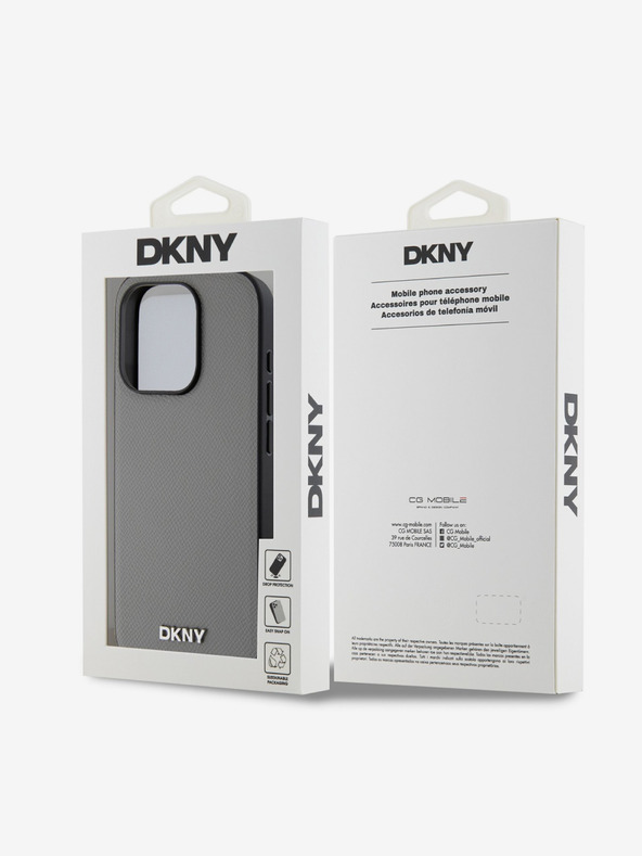 DKNY PU kožený strieborný kovový zadný kryt s logom Magsafe pre iPhone 15 Pro Max Grey DKNY