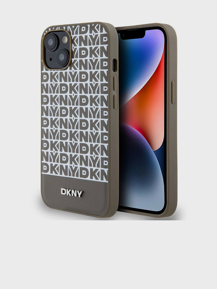 DKNY PU kožený zadný kryt Repeat Pattern Bottom Stripe MagSafe pre iPhone 15 hnedý DKNY