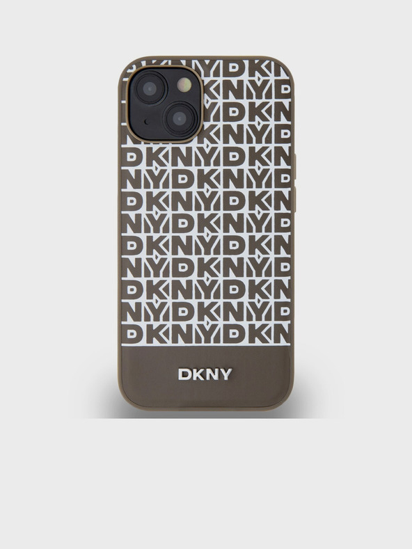 DKNY PU kožený zadný kryt Repeat Pattern Bottom Stripe MagSafe pre iPhone 15 hnedý DKNY
