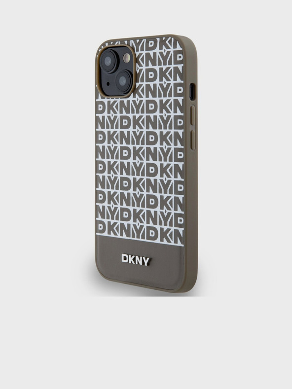 DKNY PU kožený zadný kryt Repeat Pattern Bottom Stripe MagSafe pre iPhone 15 hnedý DKNY