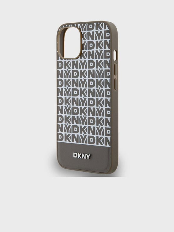 DKNY PU kožený zadný kryt Repeat Pattern Bottom Stripe MagSafe pre iPhone 15 hnedý DKNY