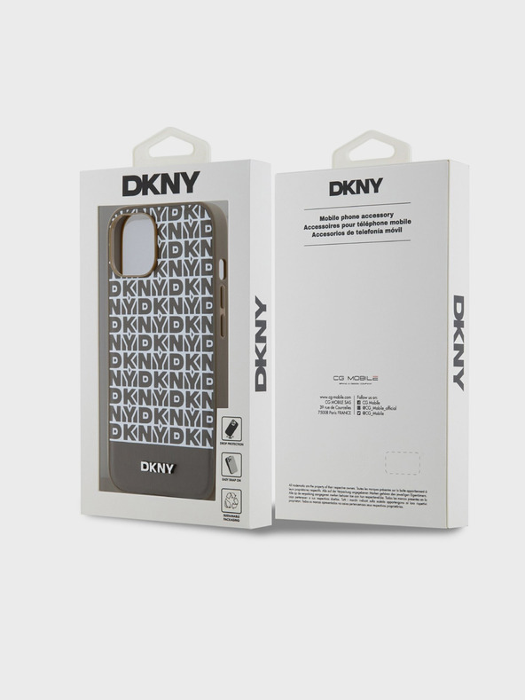 DKNY PU kožený zadný kryt Repeat Pattern Bottom Stripe MagSafe pre iPhone 15 hnedý DKNY