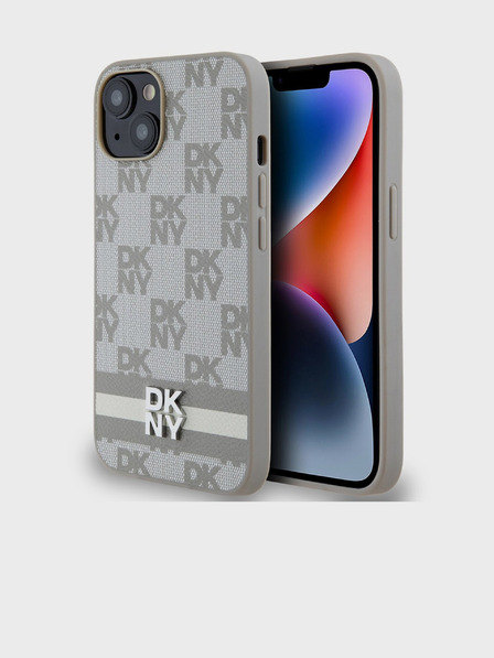 DKNY PU kožený zadný kryt so šachovnicovým vzorom a pruhmi pre iPhone 15 Beige DKNY