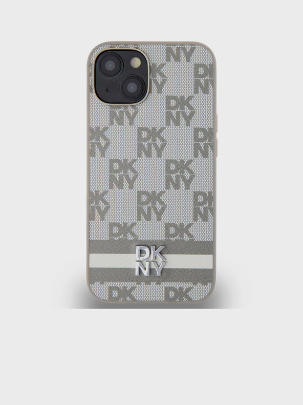 DKNY PU kožený zadný kryt so šachovnicovým vzorom a pruhmi pre iPhone 15 Beige DKNY