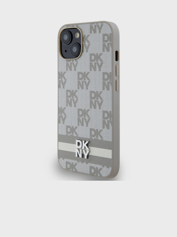 DKNY PU kožený zadný kryt so šachovnicovým vzorom a pruhmi pre iPhone 15 Beige DKNY