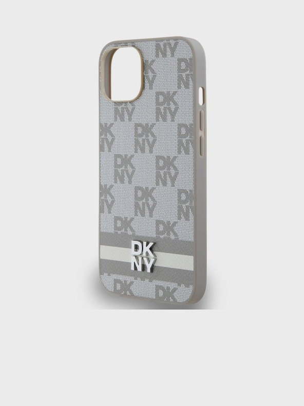 DKNY PU kožený zadný kryt so šachovnicovým vzorom a pruhmi pre iPhone 15 Beige DKNY