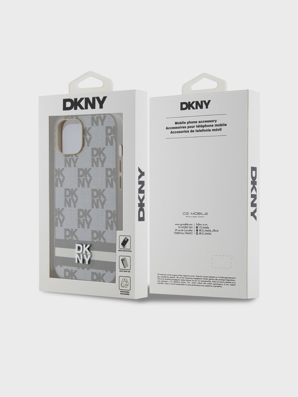 DKNY PU kožený zadný kryt so šachovnicovým vzorom a pruhmi pre iPhone 15 Beige DKNY