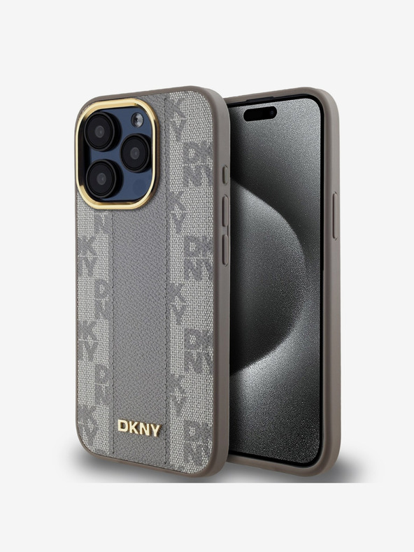DKNY PU kožený károvaný zadný kryt Magsafe so vzorom pre iPhone 15 Pro Max béžový DKNY