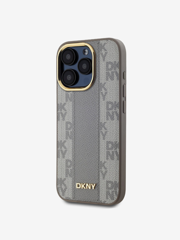 DKNY PU kožený károvaný zadný kryt Magsafe so vzorom pre iPhone 15 Pro Max béžový DKNY