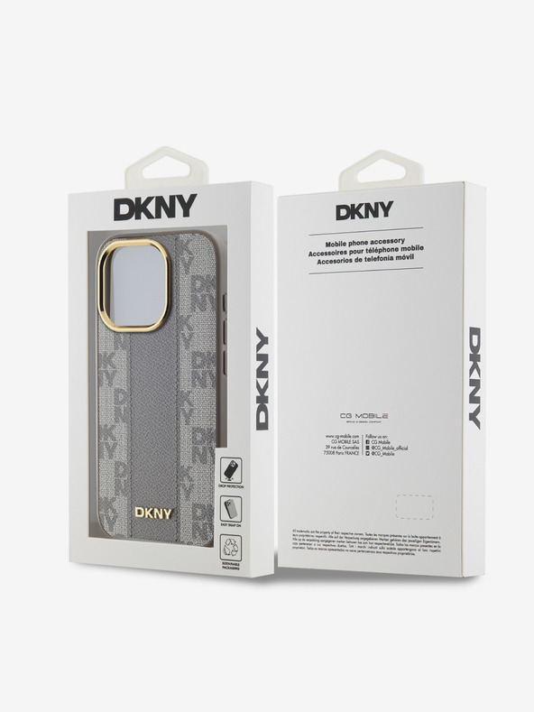 DKNY PU kožený károvaný zadný kryt Magsafe so vzorom pre iPhone 15 Pro Max béžový DKNY
