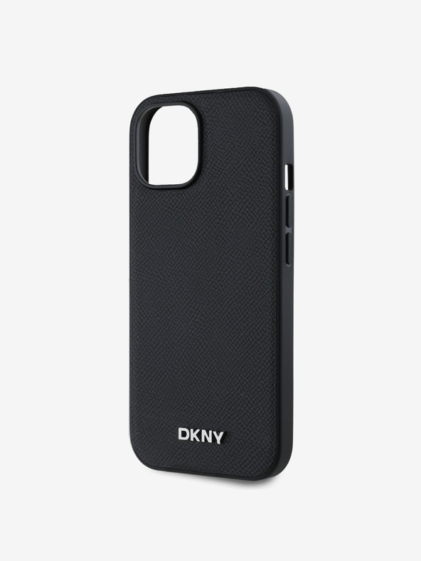 DKNY PU kožený strieborný kovový zadný kryt s logom Magsafe pre iPhone 14 čierny DKNY