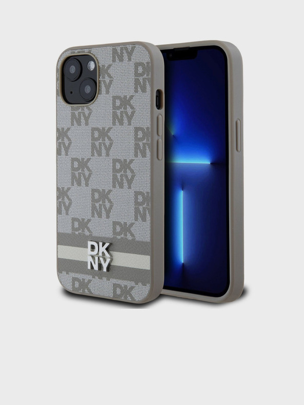 DKNY PU kožený károvaný vzor a pruhovaný zadný kryt pre iPhone 13 béžový DKNY