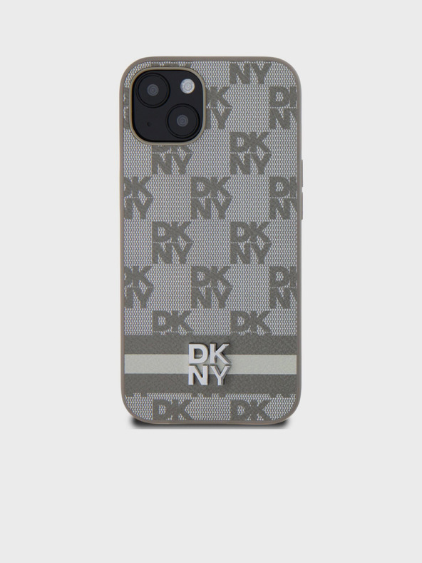 DKNY PU kožený károvaný vzor a pruhovaný zadný kryt pre iPhone 13 béžový DKNY