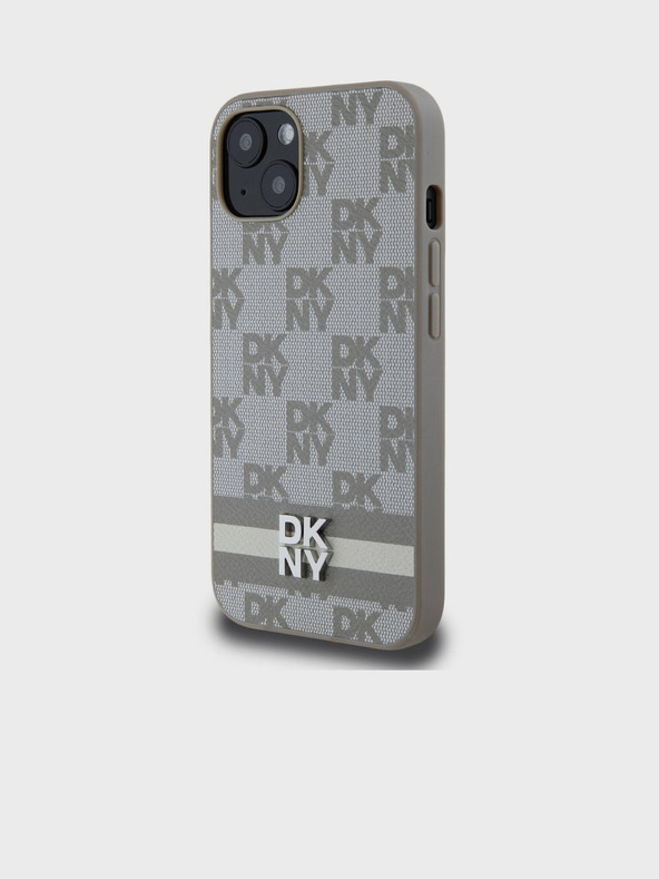 DKNY PU kožený károvaný vzor a pruhovaný zadný kryt pre iPhone 13 béžový DKNY
