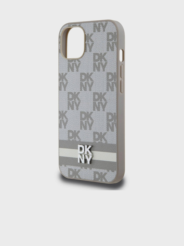 DKNY PU kožený károvaný vzor a pruhovaný zadný kryt pre iPhone 13 béžový DKNY