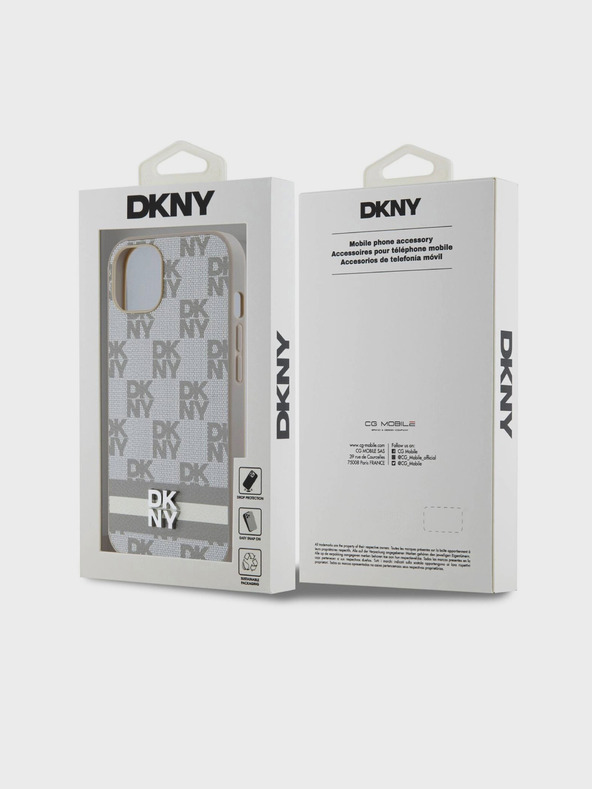 DKNY PU kožený károvaný vzor a pruhovaný zadný kryt pre iPhone 13 béžový DKNY