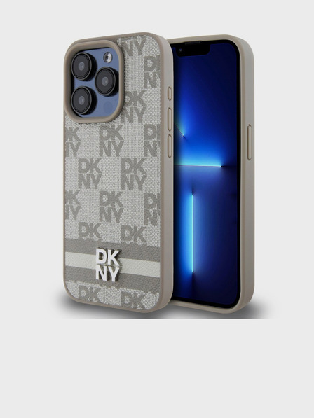 DKNY PU kožený zadný kryt so šachovnicovým vzorom a pruhmi pre iPhone 15 Pro Beige DKNY