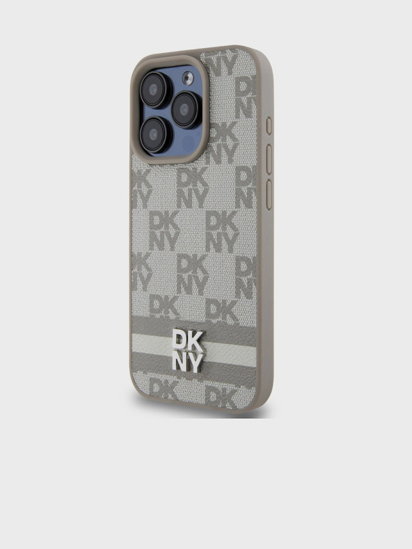 DKNY PU kožený zadný kryt so šachovnicovým vzorom a pruhmi pre iPhone 15 Pro Beige DKNY