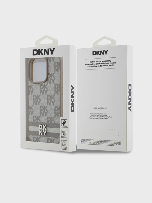 DKNY PU kožený zadný kryt so šachovnicovým vzorom a pruhmi pre iPhone 15 Pro Beige DKNY