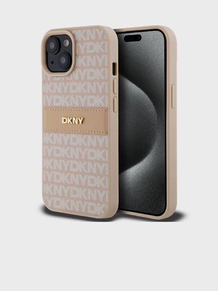 DKNY PU kožený zadný kryt Repeat Pattern Tonal Stripe pre iPhone 15 Pink DKNY