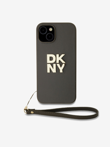DKNY PU kožený zadný kryt s logom Stack Wrist Strap pre iPhone 13 hnedý DKNY