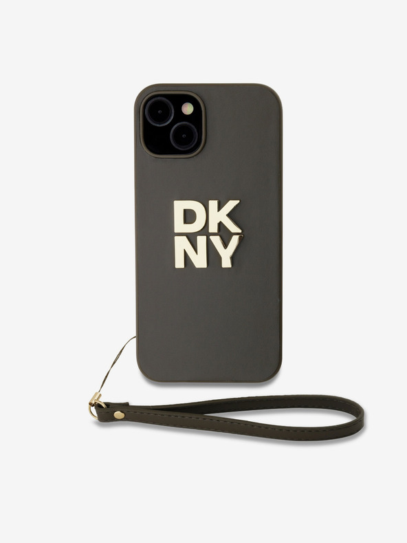 DKNY PU kožený zadný kryt s logom Stack Wrist Strap pre iPhone 13 hnedý DKNY