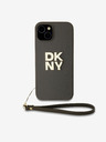 DKNY PU kožený zadný kryt s logom Stack Wrist Strap pre iPhone 13 hnedý DKNY