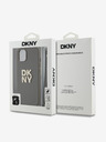 DKNY PU kožený zadný kryt s logom Stack Wrist Strap pre iPhone 13 hnedý DKNY