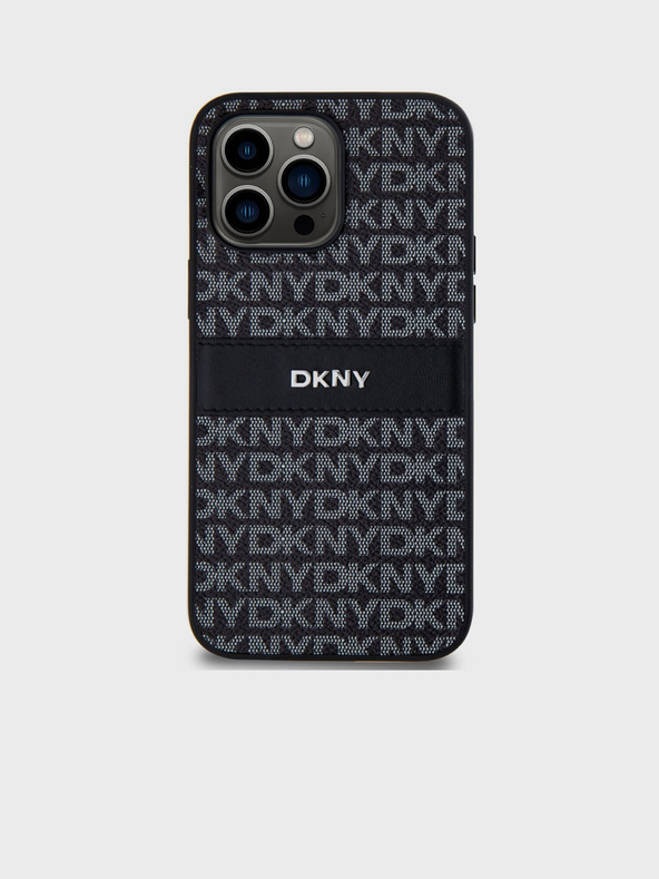 DKNY PU kožený zadný kryt s opakujúcim sa vzorom Tonal Stripe pre iPhone 14 Pro Black DKNY