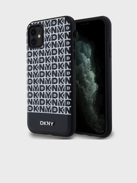 DKNY PU kožený zadný kryt Repeat Pattern Bottom Stripe MagSafe pre iPhone 11 Black DKNY