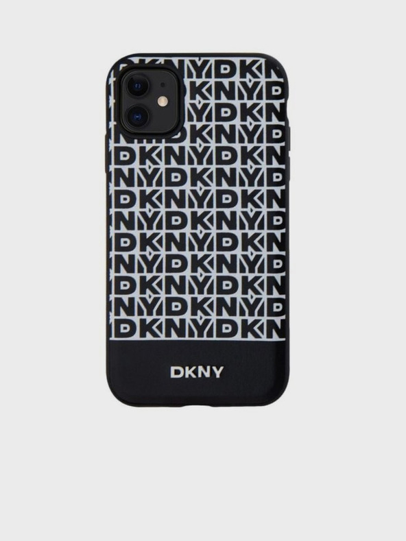 DKNY PU kožený zadný kryt Repeat Pattern Bottom Stripe MagSafe pre iPhone 11 Black DKNY