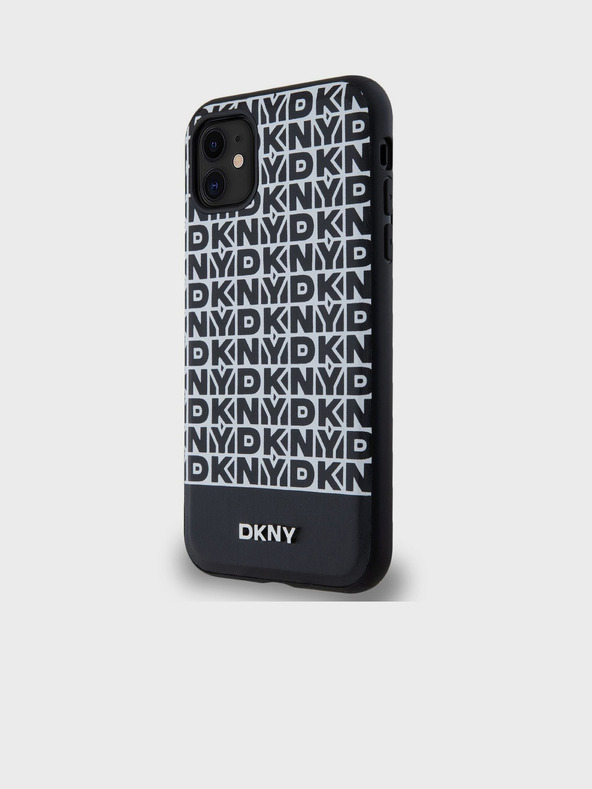 DKNY PU kožený zadný kryt Repeat Pattern Bottom Stripe MagSafe pre iPhone 11 Black DKNY