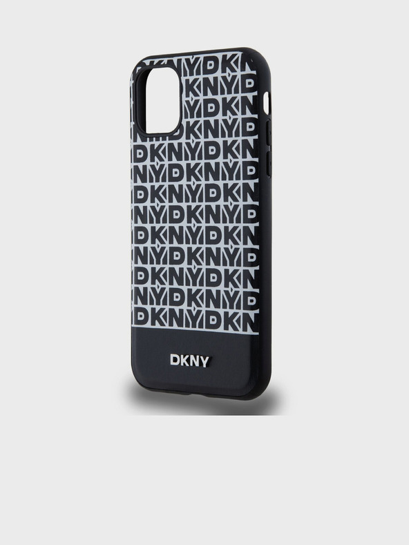 DKNY PU kožený zadný kryt Repeat Pattern Bottom Stripe MagSafe pre iPhone 11 Black DKNY