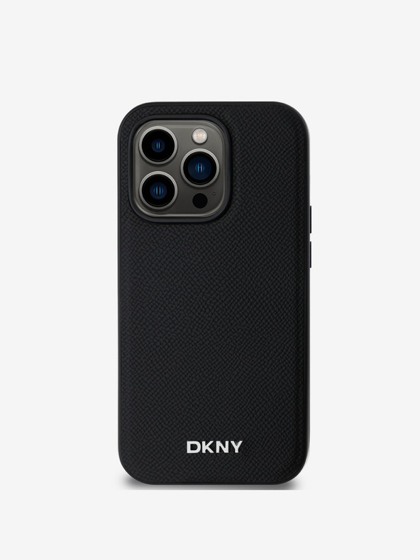 DKNY PU kožený strieborný kovový zadný kryt s logom Magsafe pre iPhone 14 Pro čierny DKNY