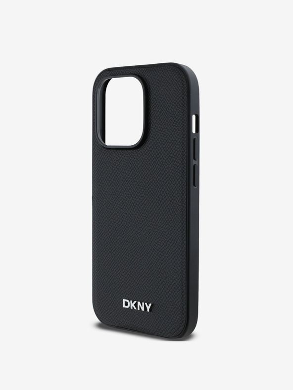 DKNY PU kožený strieborný kovový zadný kryt s logom Magsafe pre iPhone 14 Pro čierny DKNY